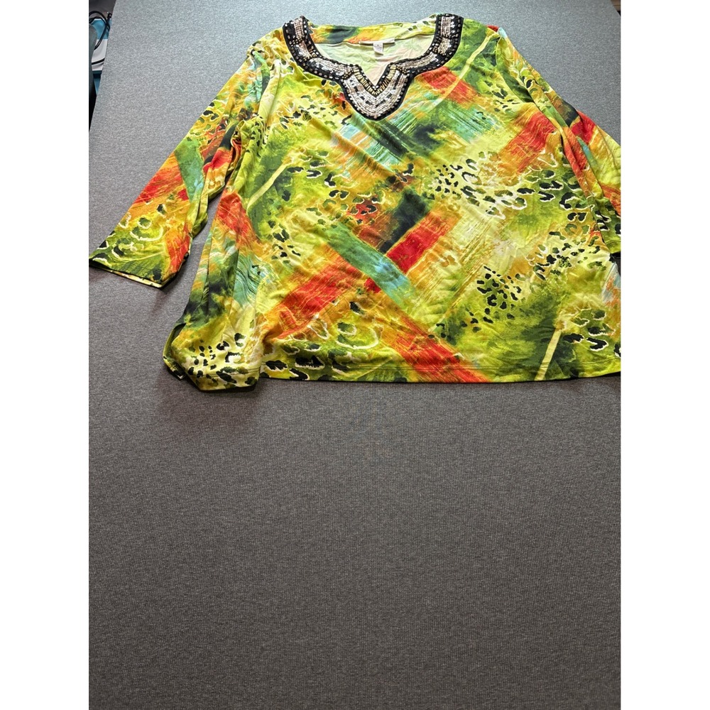 JM Collection Womens XL Abstract Animal Print‎ Beaded Split Neck Tunic Top Green